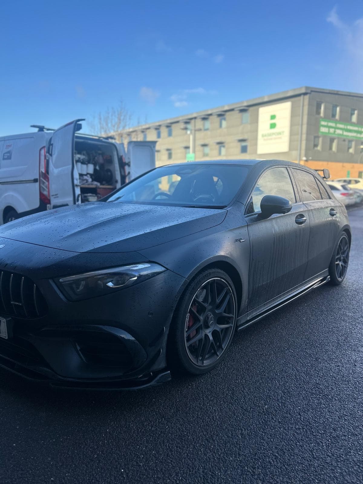 Matte black Mercedes AMG A45 after detail